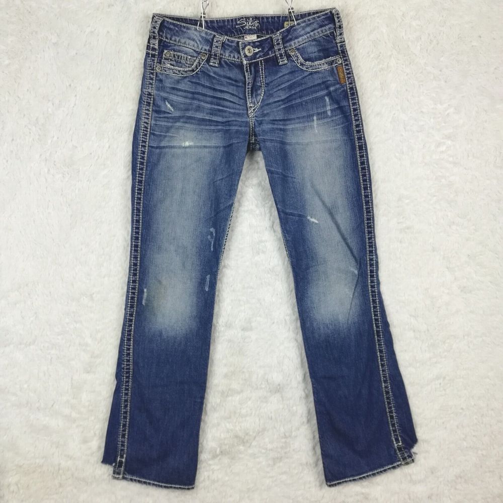 Silver Jeans Womens Frances 18" Boot Cut Denim Blue Distressed Stone Wash Low 29
